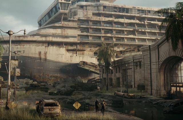 Concept art for The Last of Us multiplayer game, featuring characters standing in front of a decaying cruise ship.