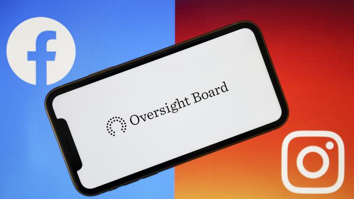 ANKARA, TURKEY - MAY 07: Oversight Board logo is seen on a smart phone with Facebook and Instagram logos at the background in Ankara, Turkey on May 07, 2020. (Photo by Hakan Nural/Anadolu Agency via Getty Images)