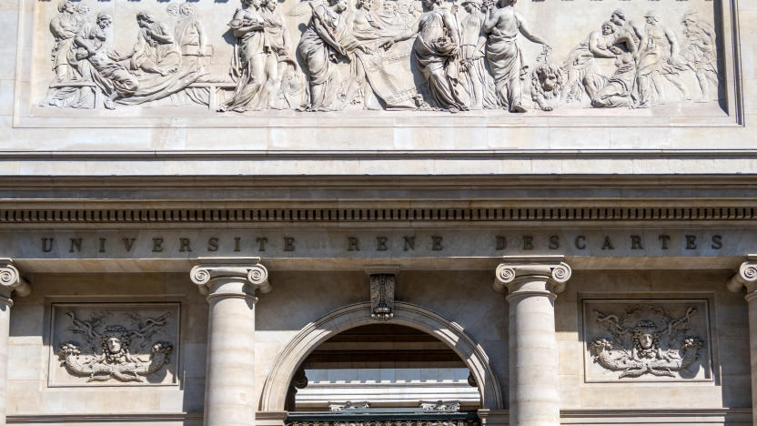 Paris, France - April 11, 2019: Rene Descartes medical university frontage in Quartier Latin.