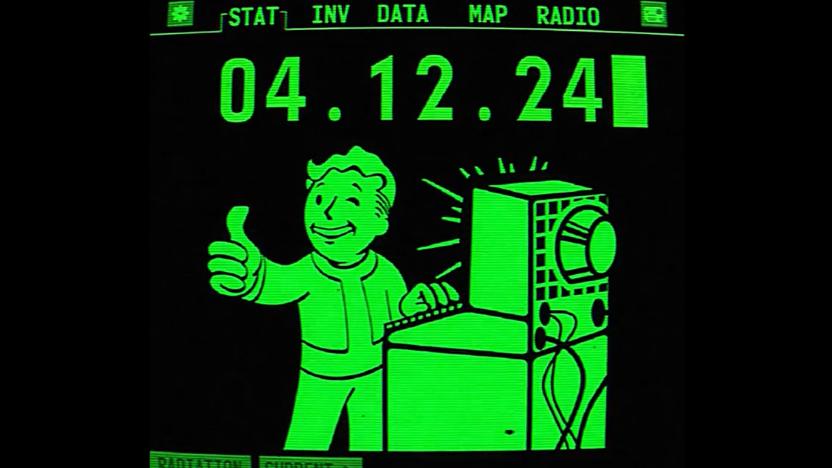 Teaser for the Amazon "Fallout" series, showing a Pip-Boy graphic. He gives a thumbs up with the text 04.12.24 above. Menu tabs including Stat, Inv, Data, Map and Radio reside at the top.