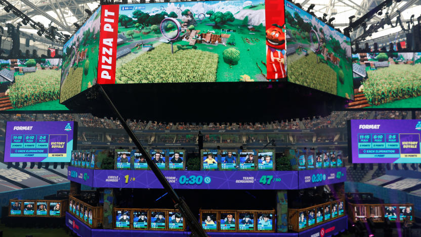 Contestants compete during the Fortnite World Cup Duos Finals at Flushing Meadows Arthur Ashe stadium in the Queens borough of New York, U.S., July 27, 2019.  REUTERS/Shannon Stapleton