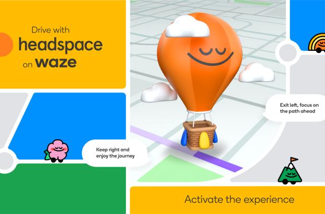 A graphic depicting the Headspace mindfulness experience in the Waze driving app.