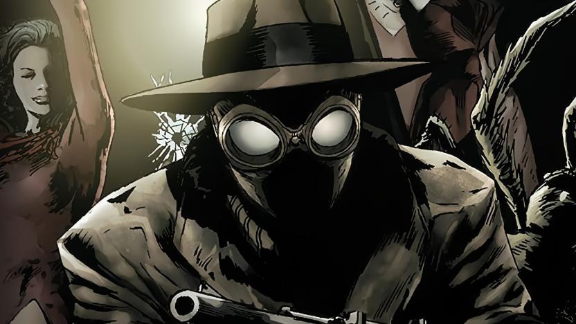 Comic art of the character Spider-Man Noir, partially concealed in shadows, with a female character in the background.