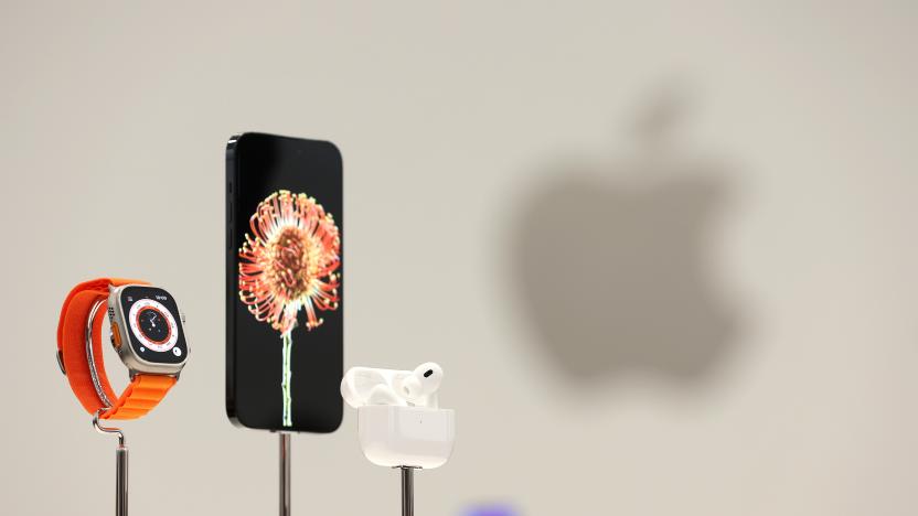 CUPERTINO, CALIFORNIA - SEPTEMBER 07: The new Apple Watch Ultra, iPhone 14 and AirPods Pro are displayed during an Apple special event on September 07, 2022 in Cupertino, California. Apple unveiled the new iPhone 14 as well as new versions of the Apple Watch, including the Apple Watch SE, a low-cost version of the popular timepiece that will start st $249. (Photo by Justin Sullivan/Getty Images)