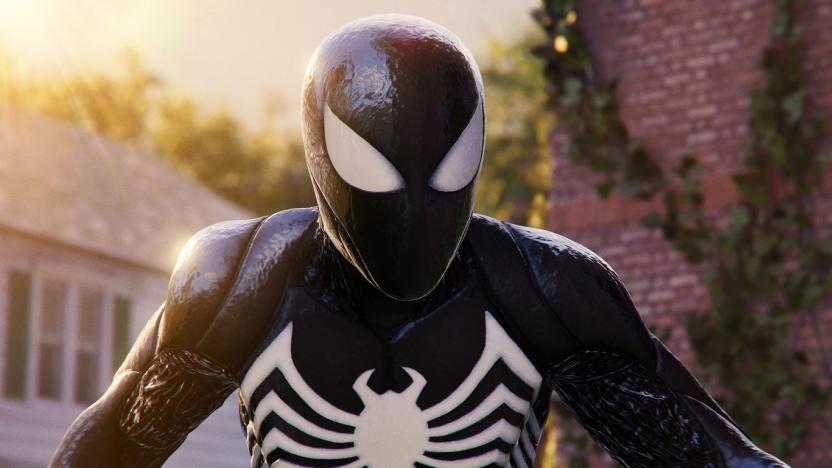 Peter Parker wearing the Symbiote suit in Marvel's Spider-Man 2.