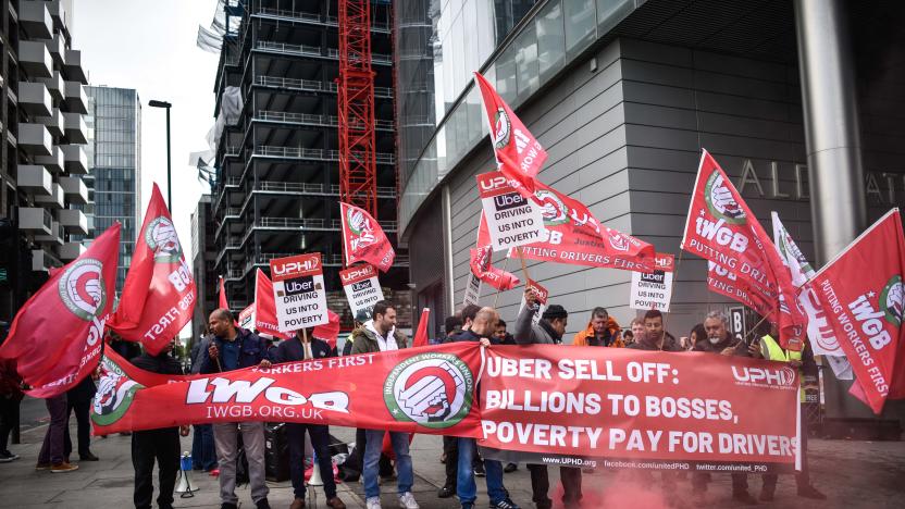 LONDON, ENGLAND - MAY 08:  Uber drivers protest outside the Uber offices on May 8, 2019 in London, England. The  protests come ahead of Uber's anticipated Initial Public Offering on the New York Stock Exchange which could put the ride-hailing firm's valuation as high as $91.5 biillion. (Photo by Peter Summers/Getty Images)