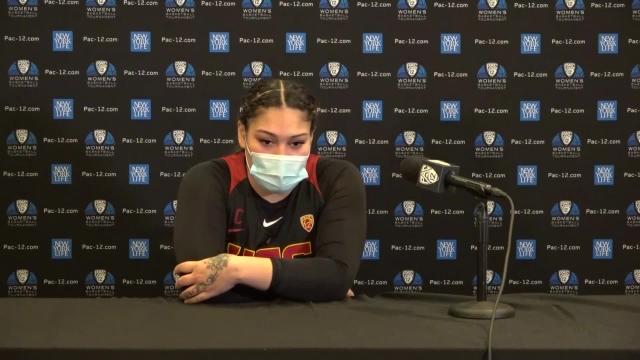 USC's Alissa Pili speaks to the media after the Trojans' Pac-12 Tournament exit