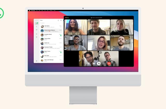 Image of a Mac display showing a video call in the WhatsApp for Mac desktop app.