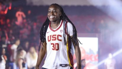 Getty Images - LOS ANGELES, CALIFORNIA - OCTOBER 19: Roxane Makolo #30 of the USC Trojans is introduced at the Trojan HoopLA event at Galen Center on October 19, 2023 in Los Angeles, California. (Photo by Meg Oliphant/Getty Images)