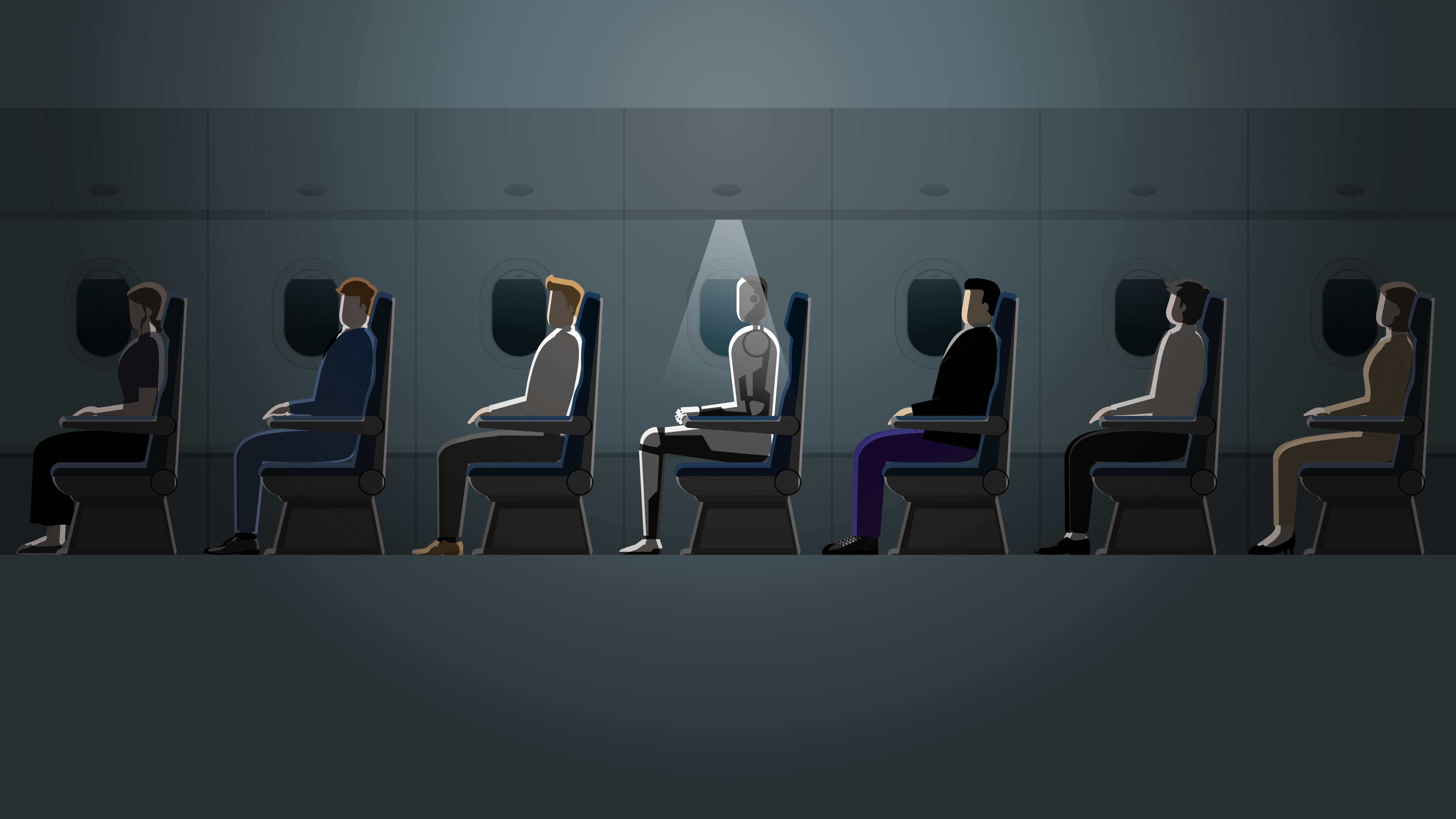 The future technology concept, cyborg will be a part of people's daily life. A robot sitting awake in a plane cabin in the dark by a small light while other passengers such as businessmen are asleep