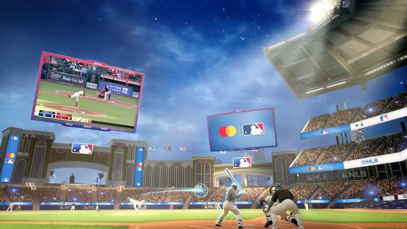 3D digital "space" featuring a baseball stadium showing avatars on the field playing a game. View from behind and slightly to the left of home plate. A real television broadcast of the game is visible on a giant floating Jumbotron in center field.