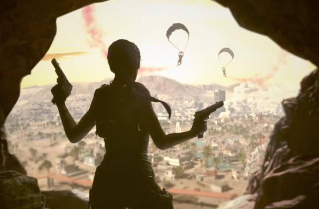 A shadow-soaked Lara Croft stares down parachuting soldiers.