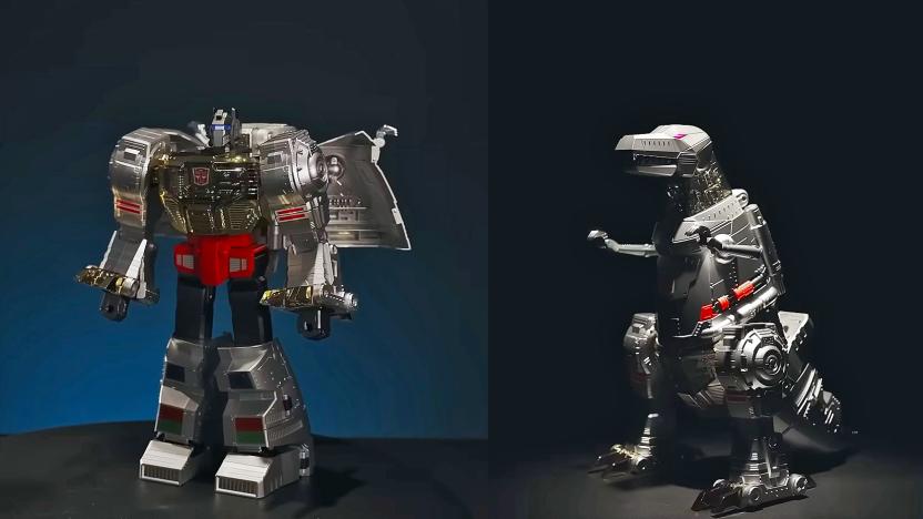 Split-screen marketing photo of Robosen’s Grimlock Transformers toy. The robot stands on the left and the dinosaur form on the right. They're in front of a dark, black / blue background.