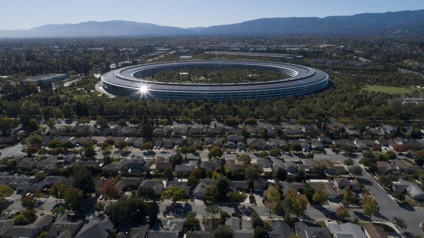 SUNNYVALE, CA: OCTOBER 21: Apple Park's spaceship campus is seen from this drone view in Sunnyvale, Calif., on Monday, Oct. 21, 2019. (Photo by Jane Tyska/MediaNews Group/The Mercury News via Getty Images)