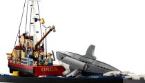 The Lego Jaws set assembled, showing the boat, shark and minifigures