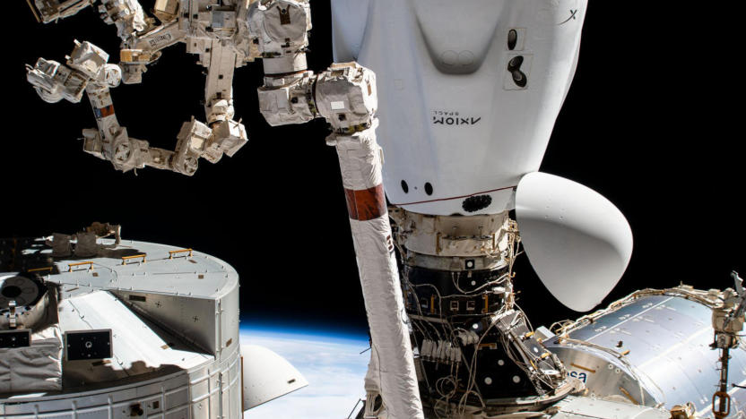 The SpaceX Dragon Endeavour crew ship is pictured docked to the Harmony module's space-facing international docking adapter. 