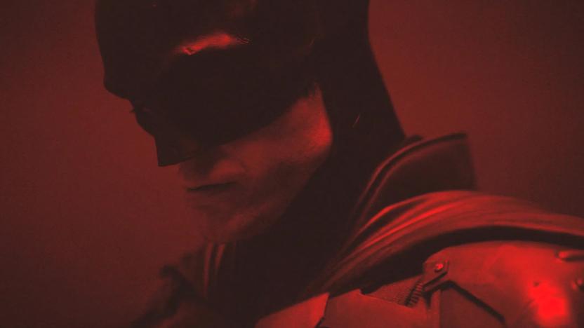 A dark black and red profile photo of Pattinson's The Batman.