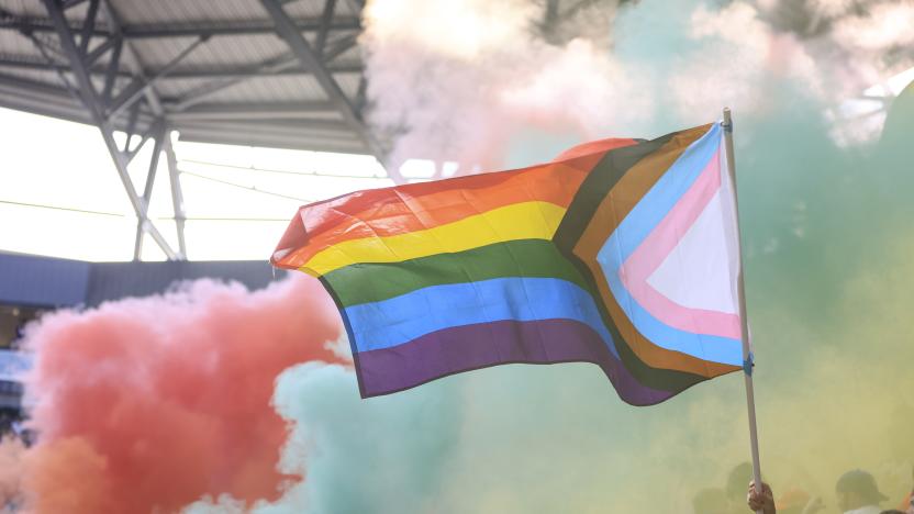 Jul 9, 2022; Cincinnati, Ohio, USA;  Supporters wave a Pride flag prior to the game between the New York Red Bulls and FC Cincinnati at TQL Stadium. Mandatory Credit: Aaron Doster-USA TODAY Sports