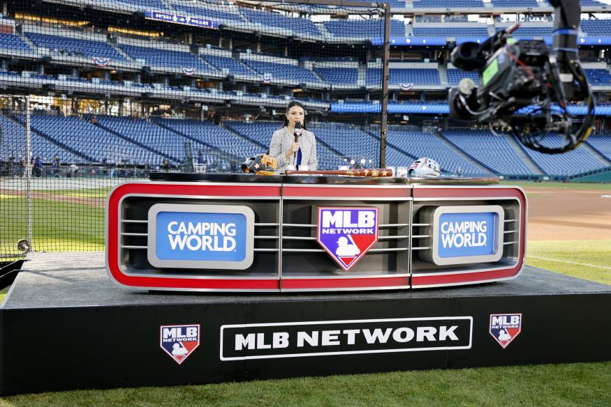 PHILADELPHIA, PA - NOVEMBER 03:  MLB Network host c talks on set prior to Game 5 of the 2022 World Series between the Houston Astros and the Philadelphia Phillies at Citizens Bank Park on Thursday, November 3, 2022 in Philadelphia, Pennsylvania. (Photo by Steve Boyle/MLB Photos via Getty Images)