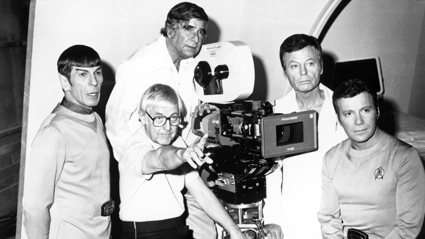 DECEMBER 7:  Actors Leonard Nimoy, DeForest Kelley and William Shatner pose for a portrait with writer Gene Roddenberry and  director Robert Wise during the filming of the movie "Star Trek: The Motion Picture" which was released December 27, 1979 in the United States. (Photo by Michael Ochs Archives/Getty Images)