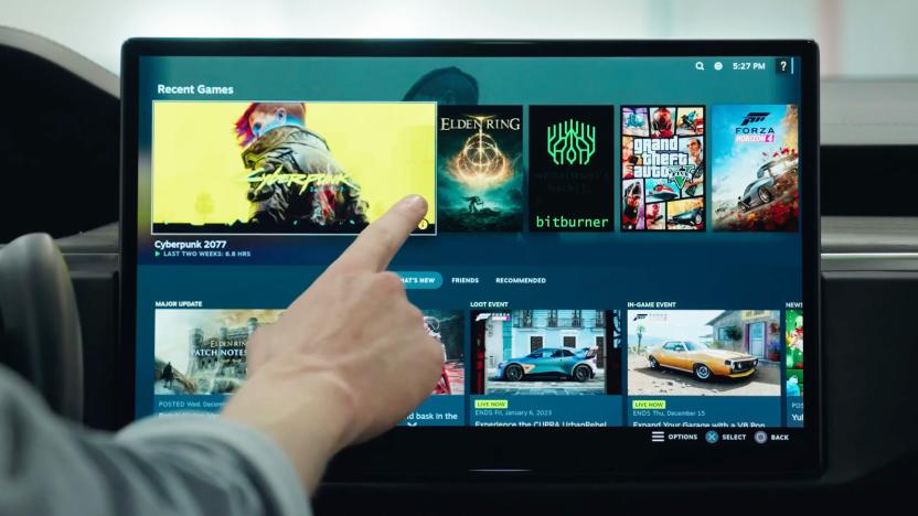 A demo of Tesla's new Steam integration shown on it's dashboard touchscreen display.