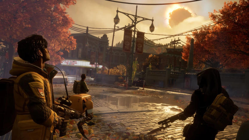 Screenshot from Xbox game ‘Redfall,’ showing three characters in the foreground looking at a strange object in the sky.