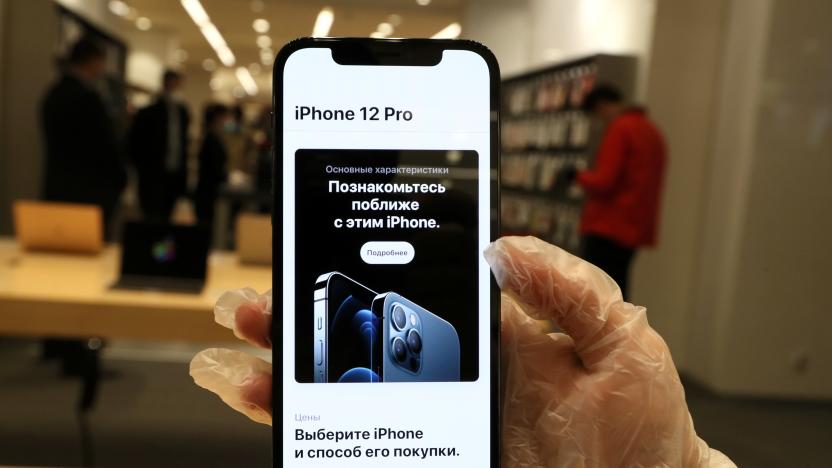 MOSCOW, RUSSIA - OCTOBER 23, 2020: An iPhone 12 Pro is on display at a re:Store shop in Petrovka Street, as Apple launches iPhone 12 and iPhone 12 Pro sales in Russia. Alexander Shcherbak/TASS (Photo by Alexander Shcherbak\TASS via Getty Images)