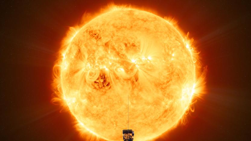 Computer render of the solar orbiter spacecraft with the sun in the background.