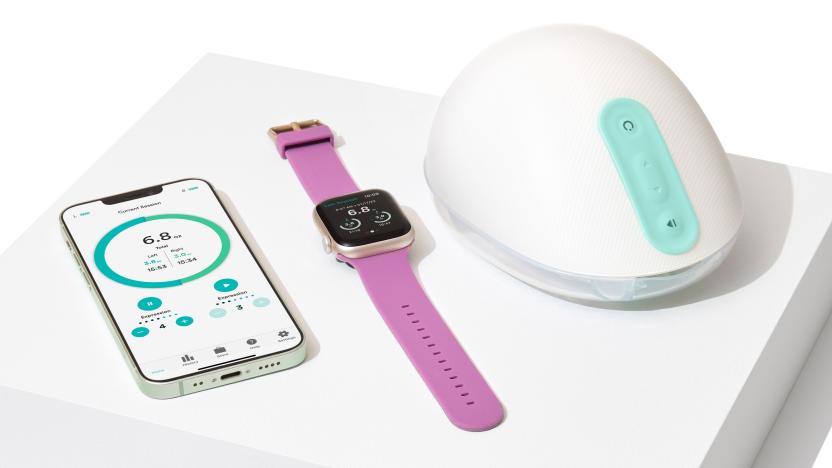 An iPhone showing the Willow app, an Apple Watch showing the Willow 3.0 app and a Willow 3.0 wireless breast pump.