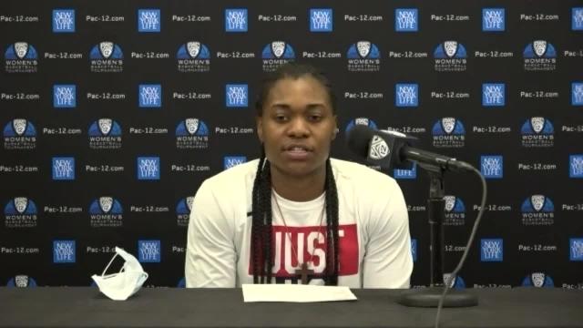 Arizona's Trinity Baptiste speaks with the media after the Wildcats' quarterfinals win