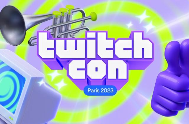 TwitchCon Paris 2023 key art. A trumpet, CRT monitor and thumbs up hover over a purple and neon green background. 