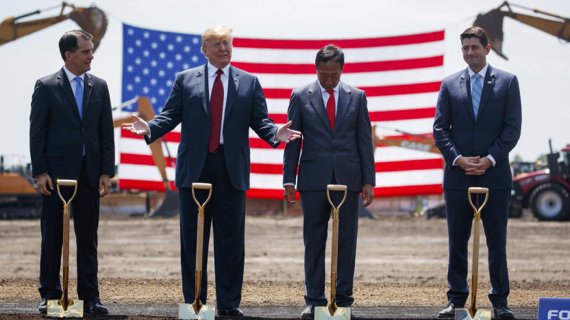 President Donald Trump participates in a Foxconn groundbreaking ceremony, Thursday, June 28, 2018, in Mt. Pleasant, Wis. From left, Gov. Scott Walker, R-Wis., Trump, Foxconn Chairman Terry Gou, and Speaker of the House Rep. Paul Ryan, R-Wis. (AP Photo/Evan Vucci)