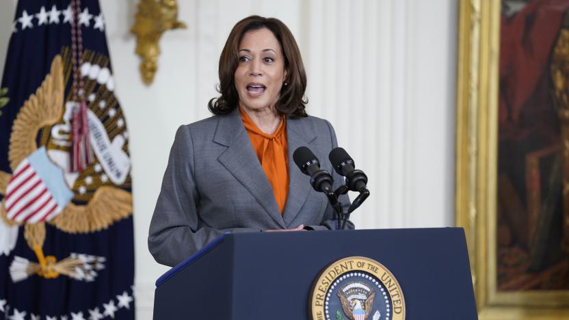 Vice President Kamala Harris speaks during an event on artificial intelligence systems in the East Room of the White House, Monday, Oct. 30, 2023, in Washington. (AP Photo/Evan Vucci)