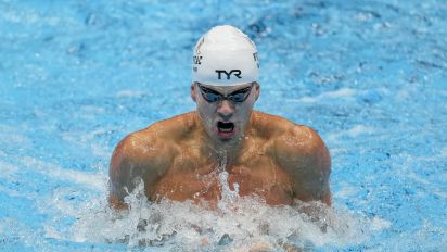 Associated Press - Nic Fink swims during the Men's 100 breaststroke preliminaries Saturday, June 15, 2024, at the US Swimming Olympic Trials in Indianapolis. (AP Photo/Darron Cummings)