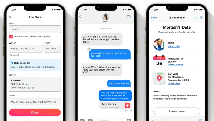 Screenshots of Tinder's Share My Date feature, showing someone arranging a date with a match. The person provides a loved one with their date's photo and other details about the meeting.