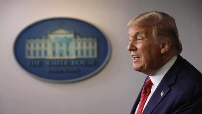 WASHINGTON, DC - AUGUST 10:  U.S. President Donald Trump speaks during a news conference at the James Brady Press Briefing Room of the White House August 10, 2020 in Washington, DC. Trump was briefly evacuated from the room during his news conference due to a reported gunshot near the White House.  (Photo by Alex Wong/Getty Images)