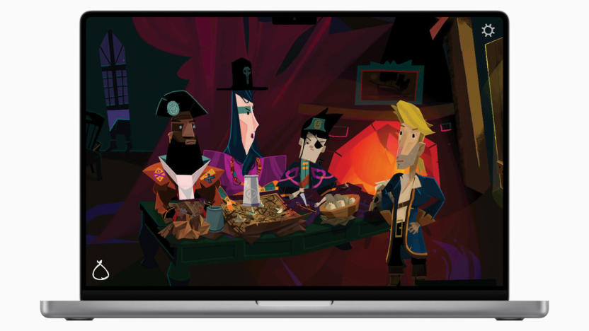 A Macbook screen showing computer animated images of cartoon pirates.