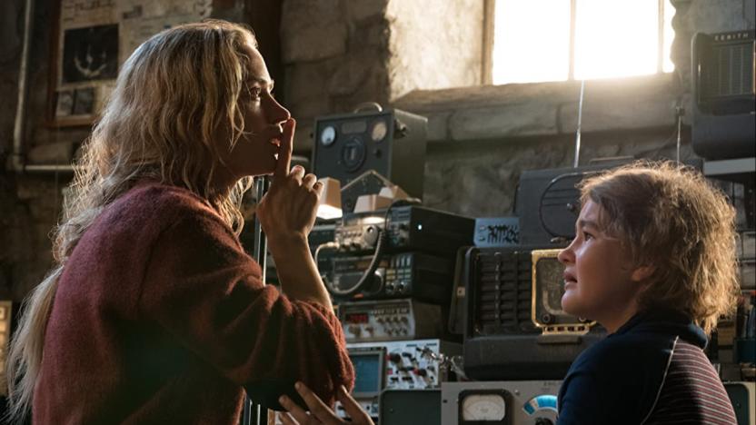 Evelyn Abbott (Emily Blunt) shushes Regan Abbott (Millicent Simmonds) in a scene from A Quiet Place.