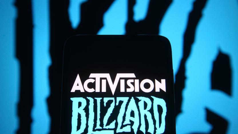 UKRAINE - 2021/06/18: In this photo illustration, Activision Blizzard logo of a video game company is seen on a smartphone screen in front of Blizzard Entertainment logo. (Photo Illustration by Pavlo Gonchar/SOPA Images/LightRocket via Getty Images)