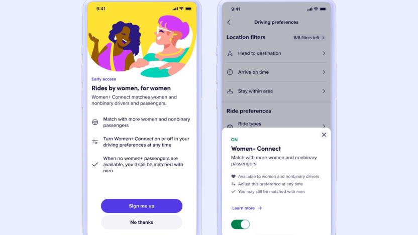 Screenshots of Lyft's Women+ Connect feature, which allows women and nonbinary riders and drivers to indicate a preference to match with women and nonbinary riders and drivers more often.