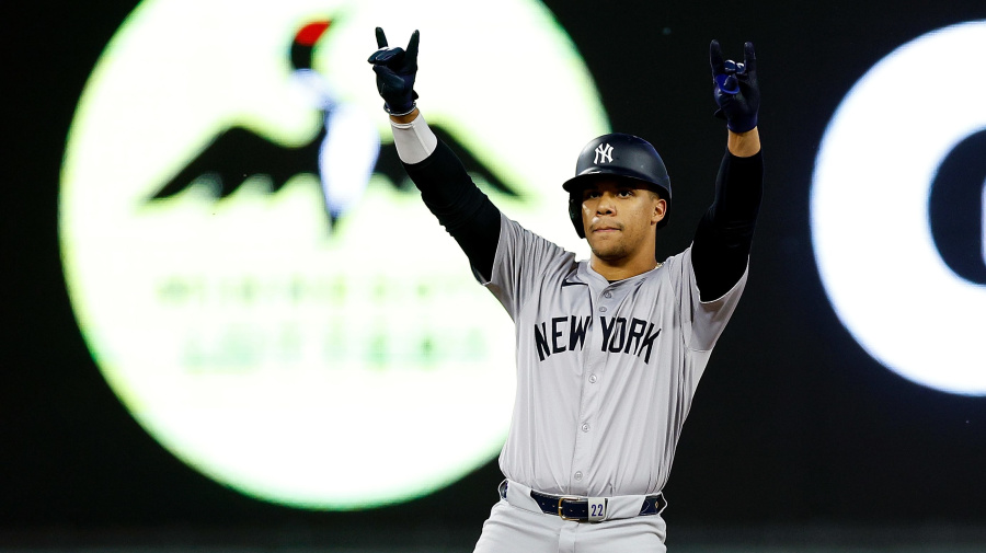 Getty Images - MINNEAPOLIS, MINNESOTA - MAY 15: Juan Soto #22 of the New York Yankees celebrates his double against the Minnesota Twins in the seventh inning at Target Field on May 15, 2024 in Minneapolis, Minnesota. The Yankees defeated the Twins 4-0. (Photo by David Berding/Getty Images)