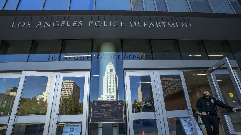 LOS ANGELES, CA - NOVEMBER 16, 2020: Photograph shows the front entrance to LAPD Headquarters on 1st St. in downtown Los Angeles. (Mel Melcon / Los Angeles Times via Getty Images)