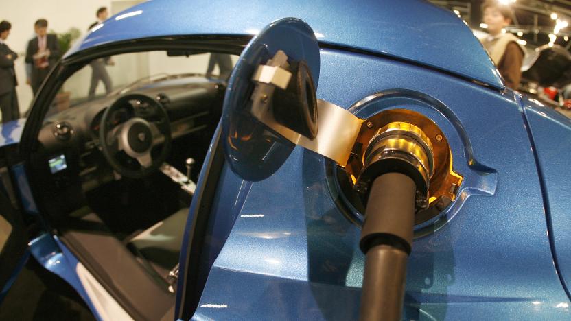 A battery-powered Tesla Roadster car is displayed during the second media day of the 79th Geneva Car Show at the Palexpo in Geneva March 4, 2009.   REUTERS/Arnd Wiegmann (SWITZERLAND)