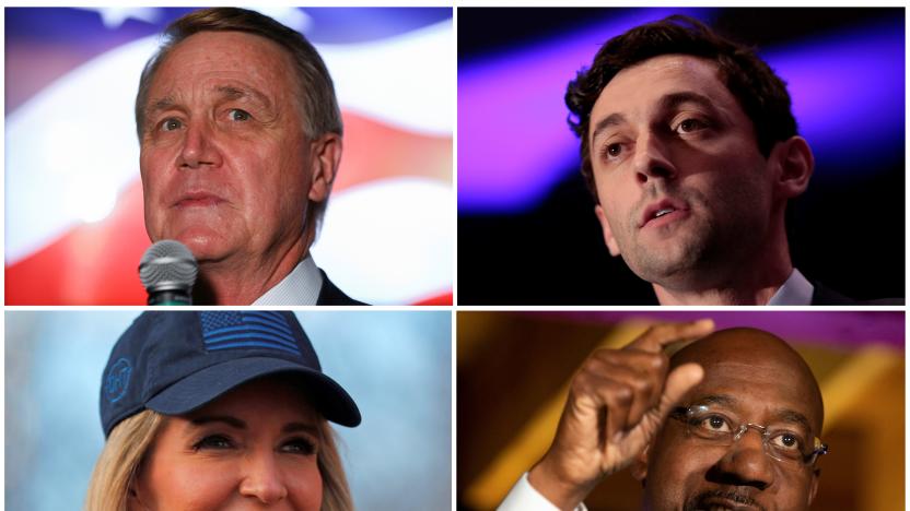 Republican U.S Senators David Perdue (top L) and Kelly Loeffler (bottom L) and their Georgia runoff election challengers, Democratic U.S. Senate candidates Jon Ossoff and Rev. Raphael Warnock, are seen in a combination of file photos.    REUTERS/Staff