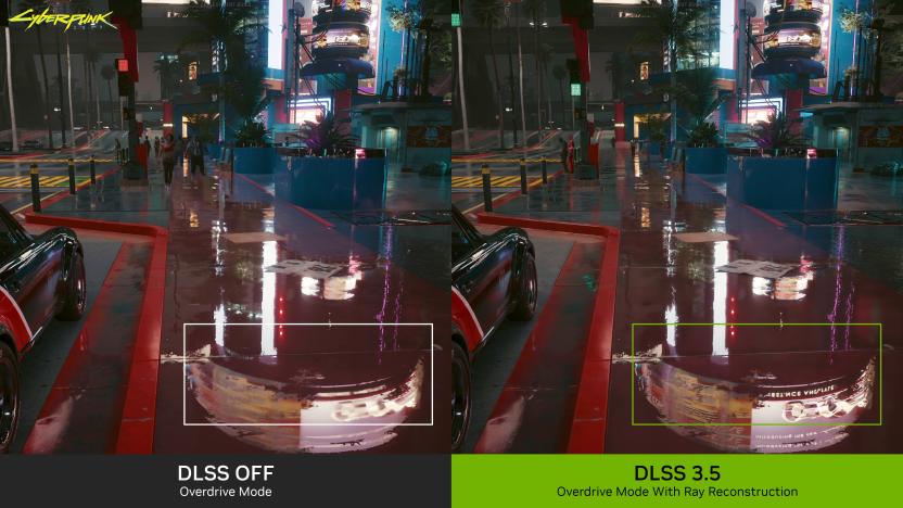 Side-by-side screenshots of Cyberpunk 2077, showing the same night time scene. The one on the right uses DLSS 3.5 technologyand has more detailed reflections in a puddle.