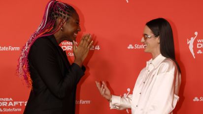 Getty Images - NEW YORK, NEW YORK - APRIL 15: (L-R) Aliyah Boston talks with Caitlin Clark prior to the 2024 WNBA Draft at Brooklyn Academy of Music on April 15, 2024 in New York City. (Photo by Sarah Stier/Getty Images)