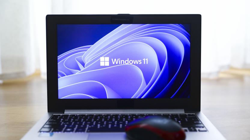 Windows 11 operating system logo is displayed on a laptop screen for illustration photo. Gliwice, Poland on January 23, 2022. (Photo by Beata Zawrzel/NurPhoto via Getty Images)