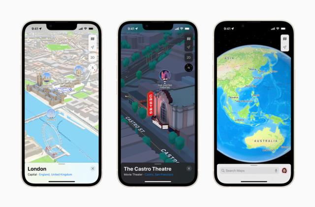 Screenshots of Apple's 3D view in maps, showing the London Eye and Palace of Westminster, the Castro Theatre in San Francisco and a world view.