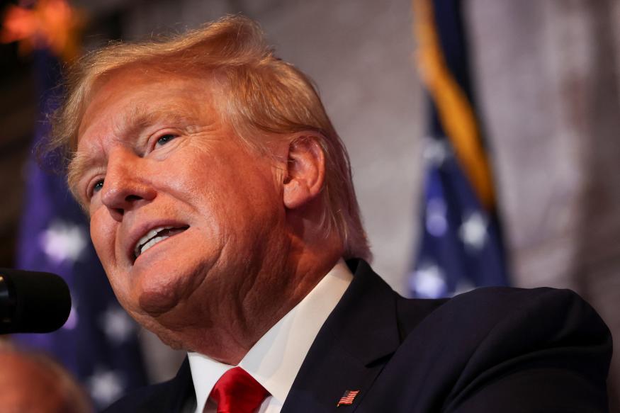 Former U.S. President Donald Trump speaks during a campaign stop to unveil his leadership team, at the South Carolina State House in Columbia, South Carolina, U.S., January 28, 2023. REUTERS/Shannon Stapleton