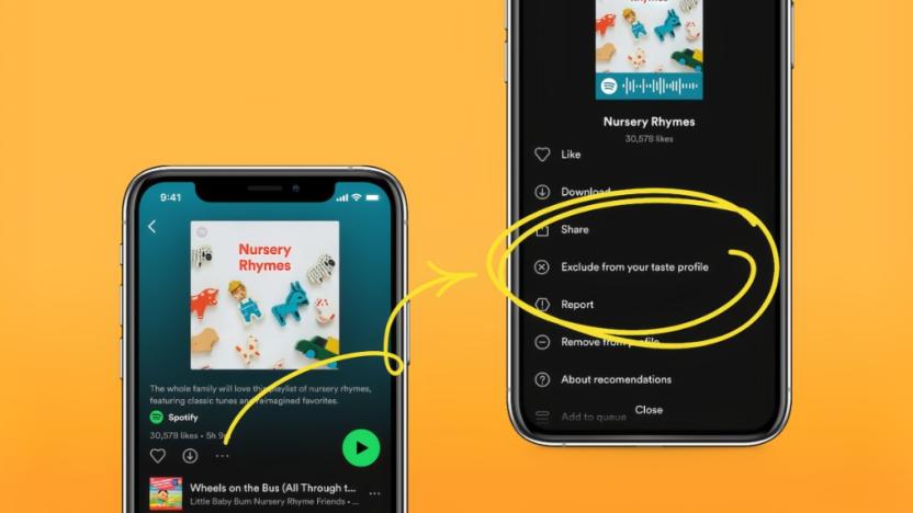 Two phones showing the Spotify app, illustrating the contextual menu where you activate the new 
“Exclude from your Taste Profile” feature. Yellow-ish orange background.